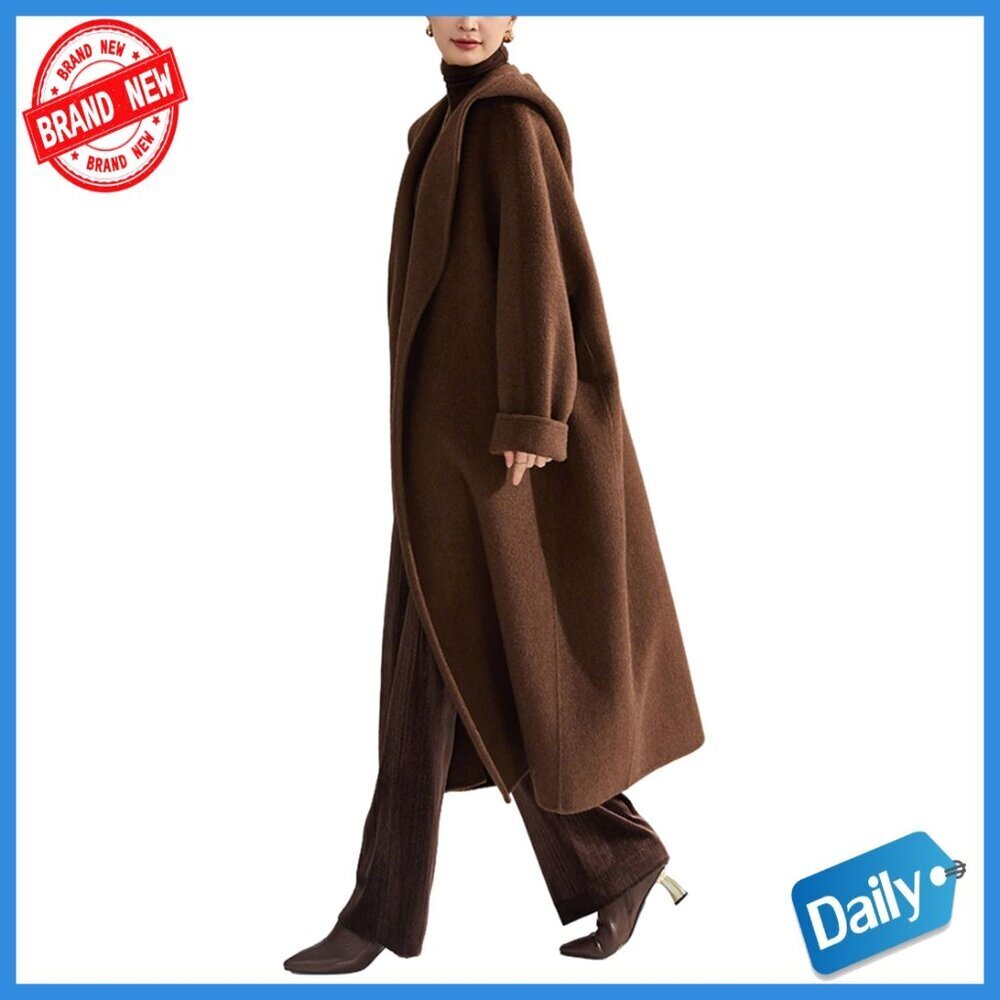 Women's Wool Pea Coat with Hood Belted Trench Style Winter Coat